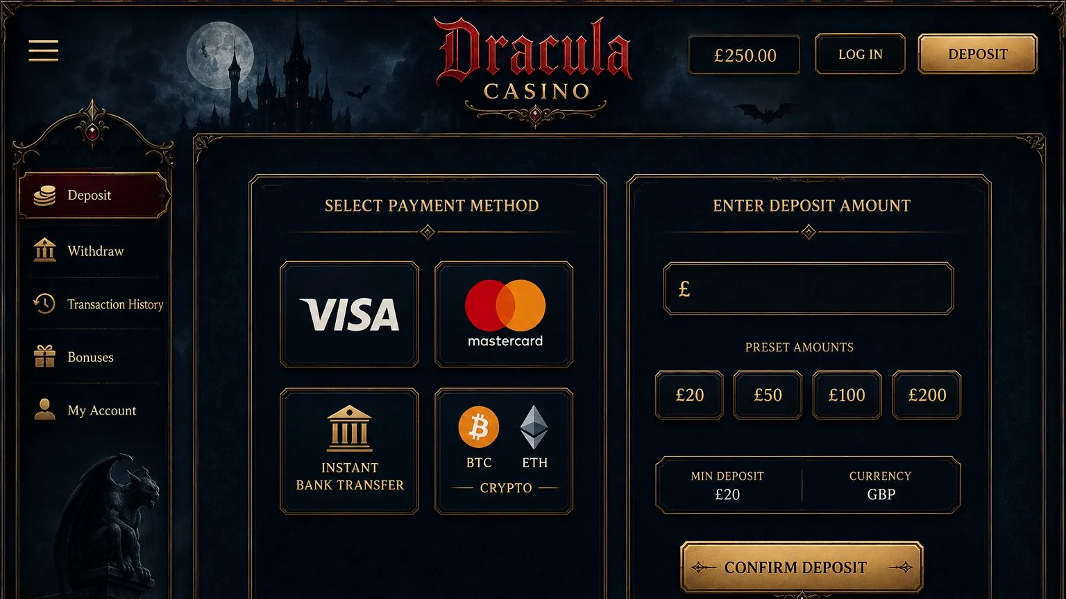 Payment options for Dracula Casino game