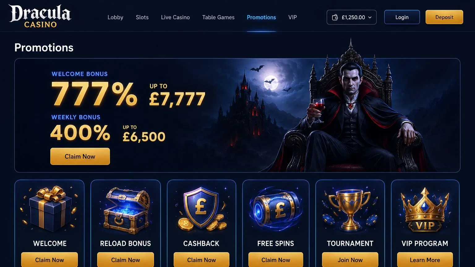 Current bonuses at Dracula Casino UK